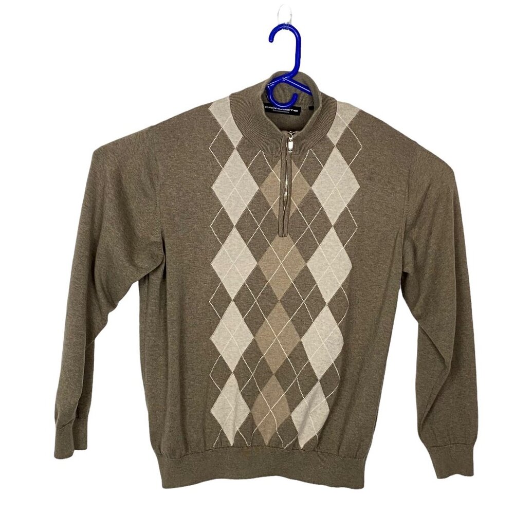 CARNOUSTIE‎ Men Argyle Long Sleeve 1/4 Zip Sweater Sz L Tan 70s 80s Golf 8-19